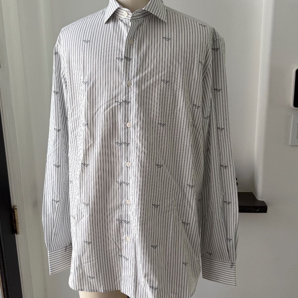 Emporio Armani Men's Long Sleeve White Striped Logo Shirt, 3D1386, Size Large